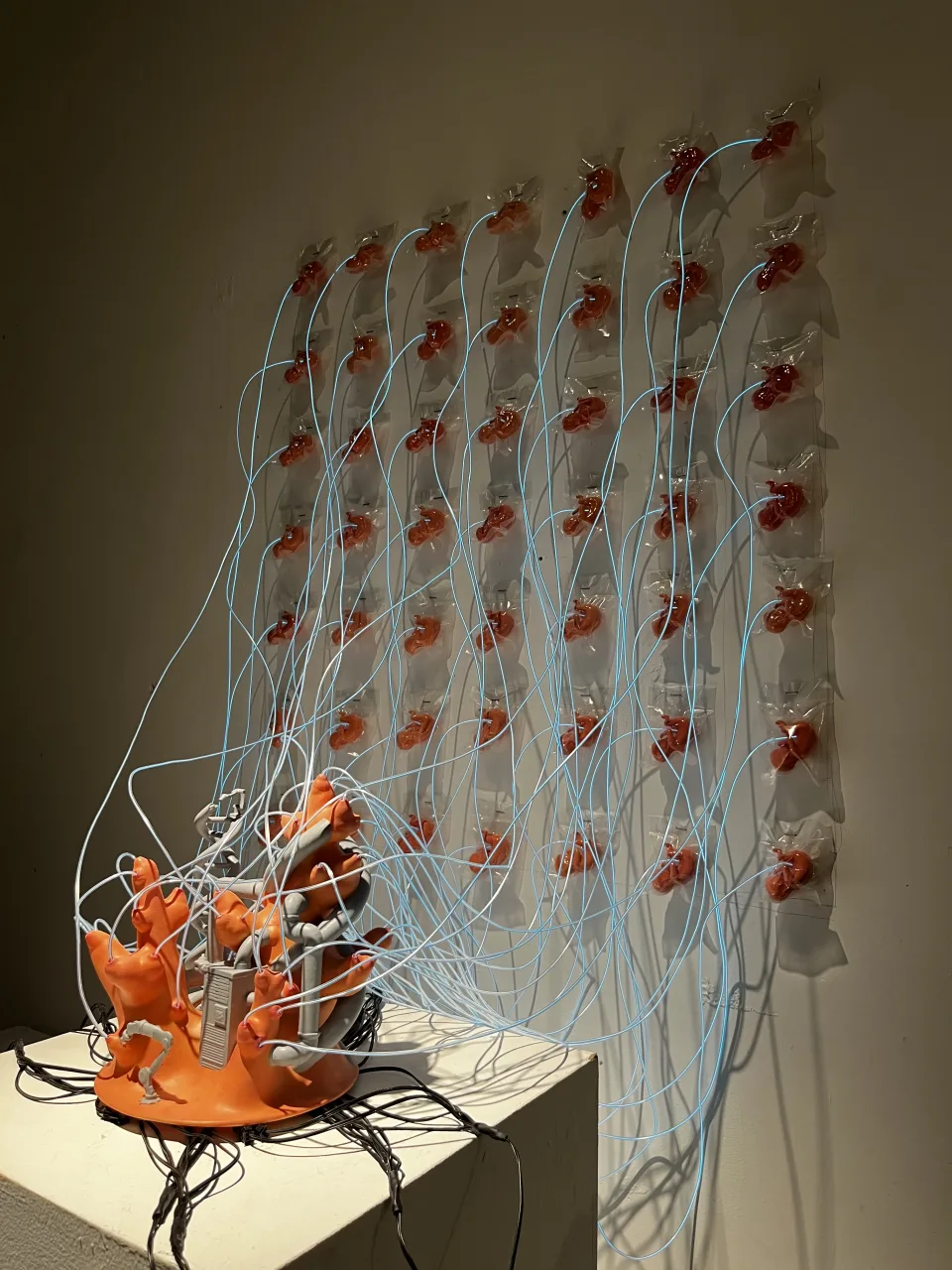 Installation view from the side: the sculpture on its plinth, the wired wall behind.