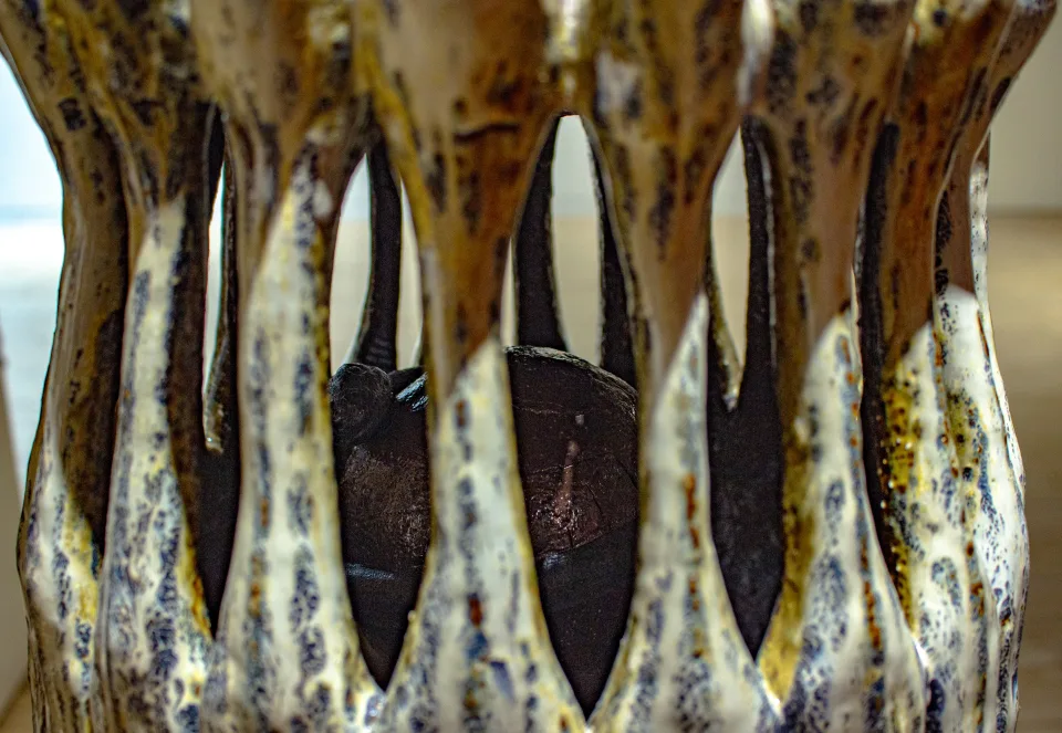 The crown from above: speckled bulbous heads packed around a hollow centre, the room blurred behind.