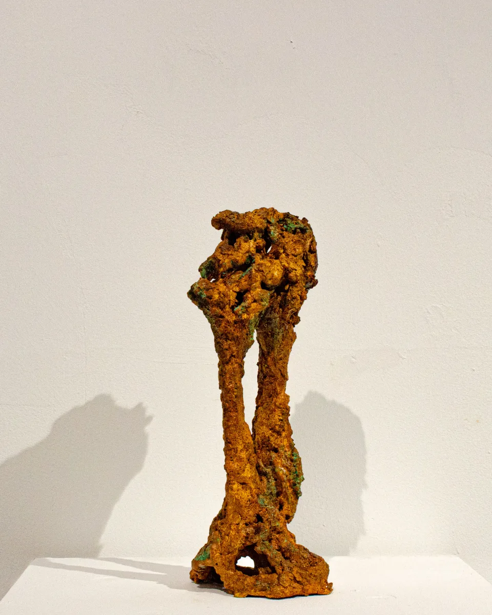 From the side: a thin stem rising to a rounded, pitted head.