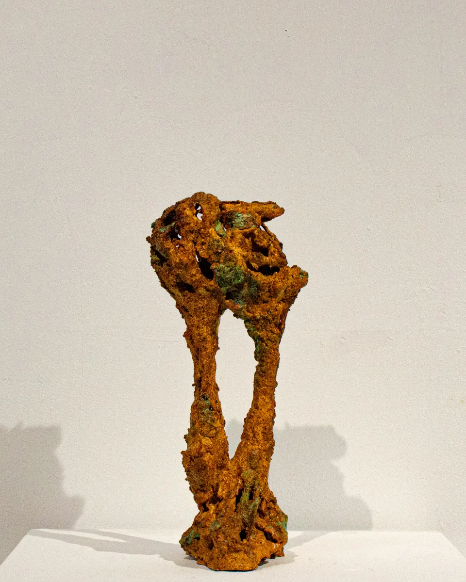 From behind, the head hanging forward on a bent neck.