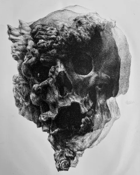 Lithograph of a skull whose upper half dissolves into churning, cloud-like forms, a small rose at the chin.