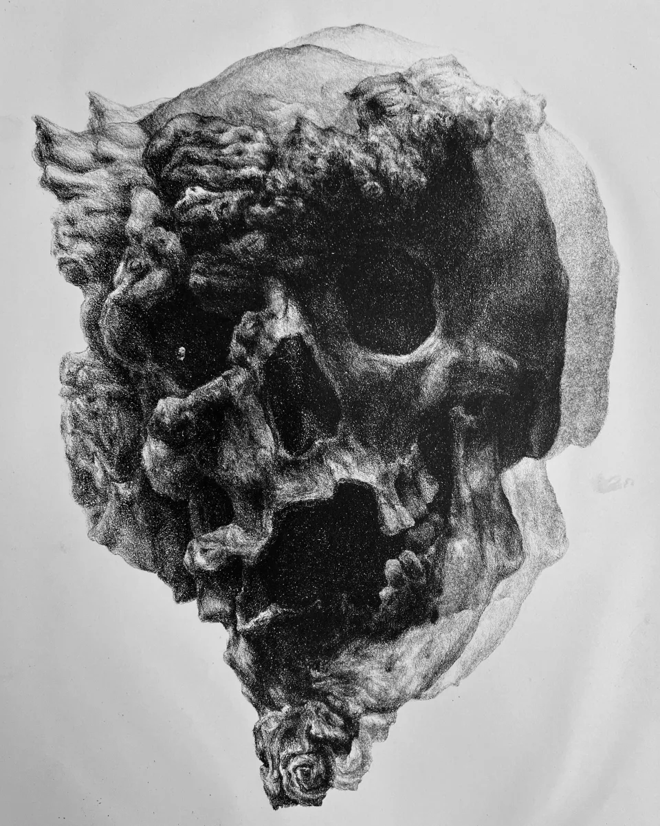 Lithograph of a skull whose upper half dissolves into churning, cloud-like forms, a small rose at the chin.