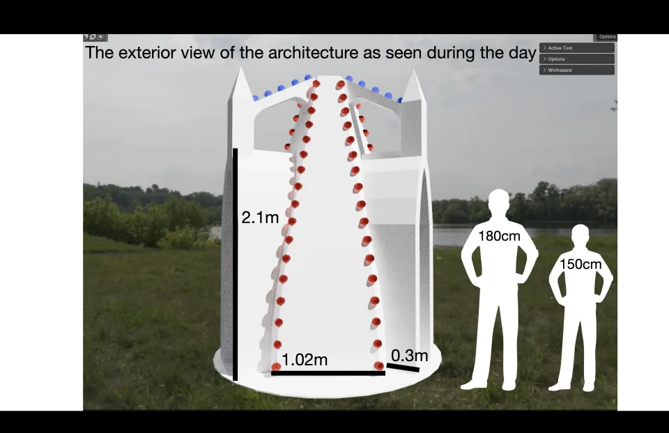 Rendering of the structure at full scale outdoors: a white tent-like chapel 2.1 m tall, its ribs studded red, two human silhouettes beside it for scale.