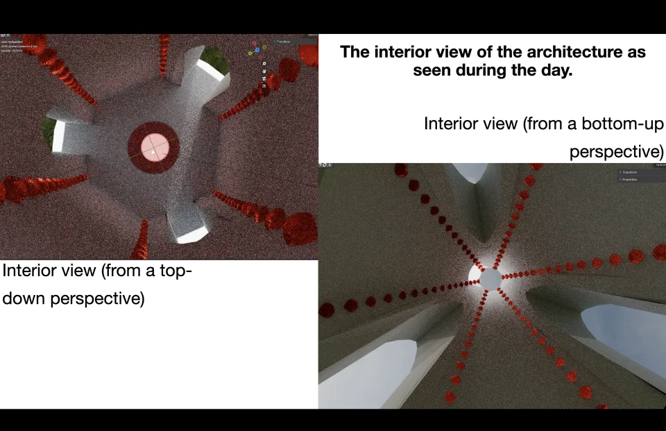 Renderings of the interior: looking down at the round floor opening, and up at the oculus where the red-studded ribs converge.