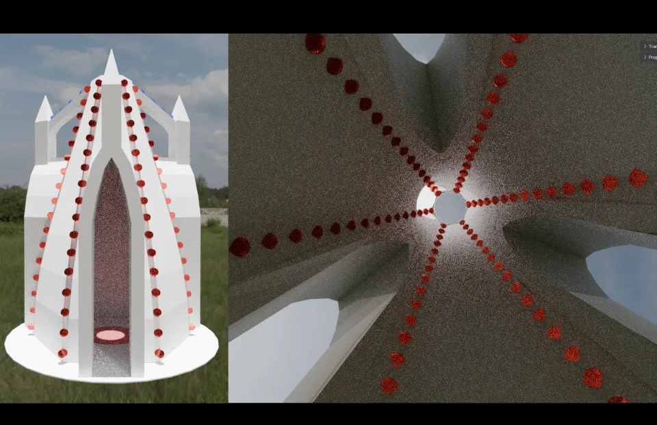 Rendering: the structure in a field, and the view up through its oculus.