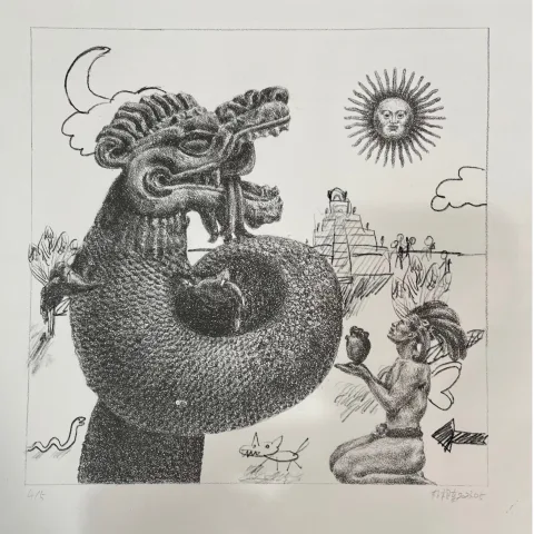 Lithograph: a scaly dragon-like beast coiled around a cat, a kneeling winged figure holding up a heart, a sun with a face, and a temple in the distance.
